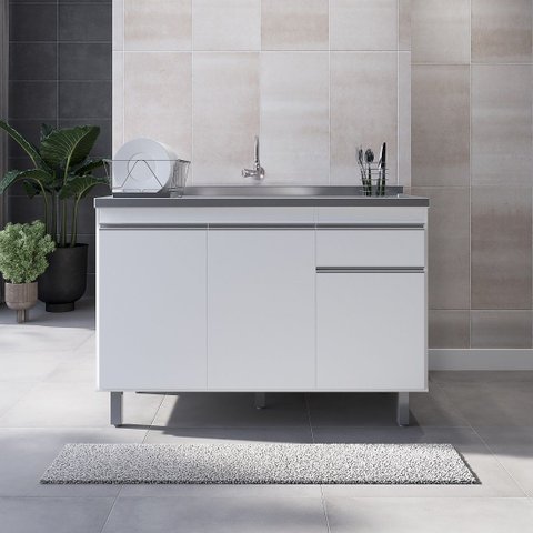 Armário P/ Pia Inox 120cm Branco 3 Portas 1 Gaveta S/ Tampo