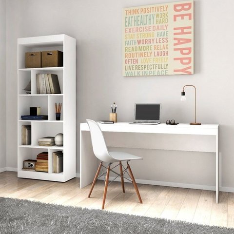 Conjunto 2 Peças Escrivaninha Reta 150cm Estante Livreiro 4 Prateleiras Branco