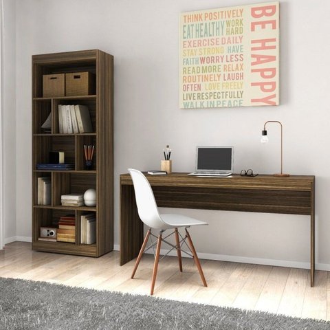 Conjunto 2 Peças Escrivaninha Reta 150cm Estante Livreiro 4 Prateleiras Marrom