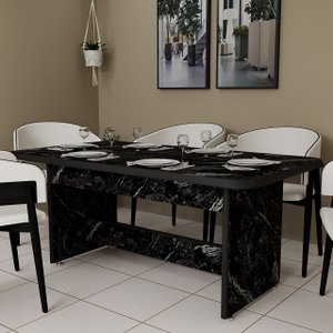 Mesa de Jantar Retangular Tampo Marmorizada Mdf 6 Lugares:preto/már