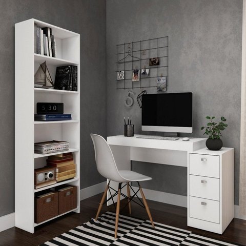Conjunto 2 Peças Escrivaninha 3 Gavetas Estante Livreiro 5 Prateleiras Branco