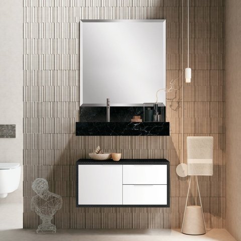 Conjunto Banheiro com Espelho Armário Bancada em Porcelanato e Cuba Esculpida 80cm Pró 