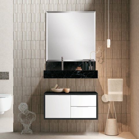 Conjunto Banheiro com Espelho Armário Bancada em Porcelanato e Cuba Esculpida 80cm Pró Yescasa Preto