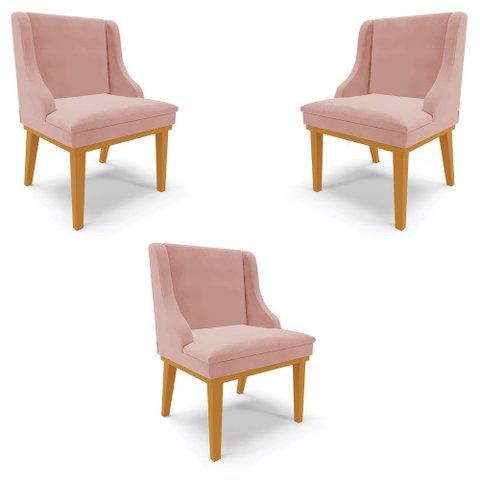 Kit 3 Cadeiras Decorativas Sala de Jantar Base Fixa de Madeira Firenze Veludo Rose/Castanho G19 - Gr