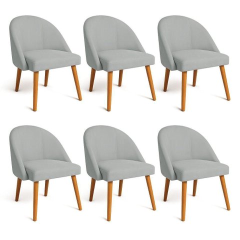 Kit 06 Cadeiras Poltrona de Jantar Luna Suede Cinza Pés Palito Castanho