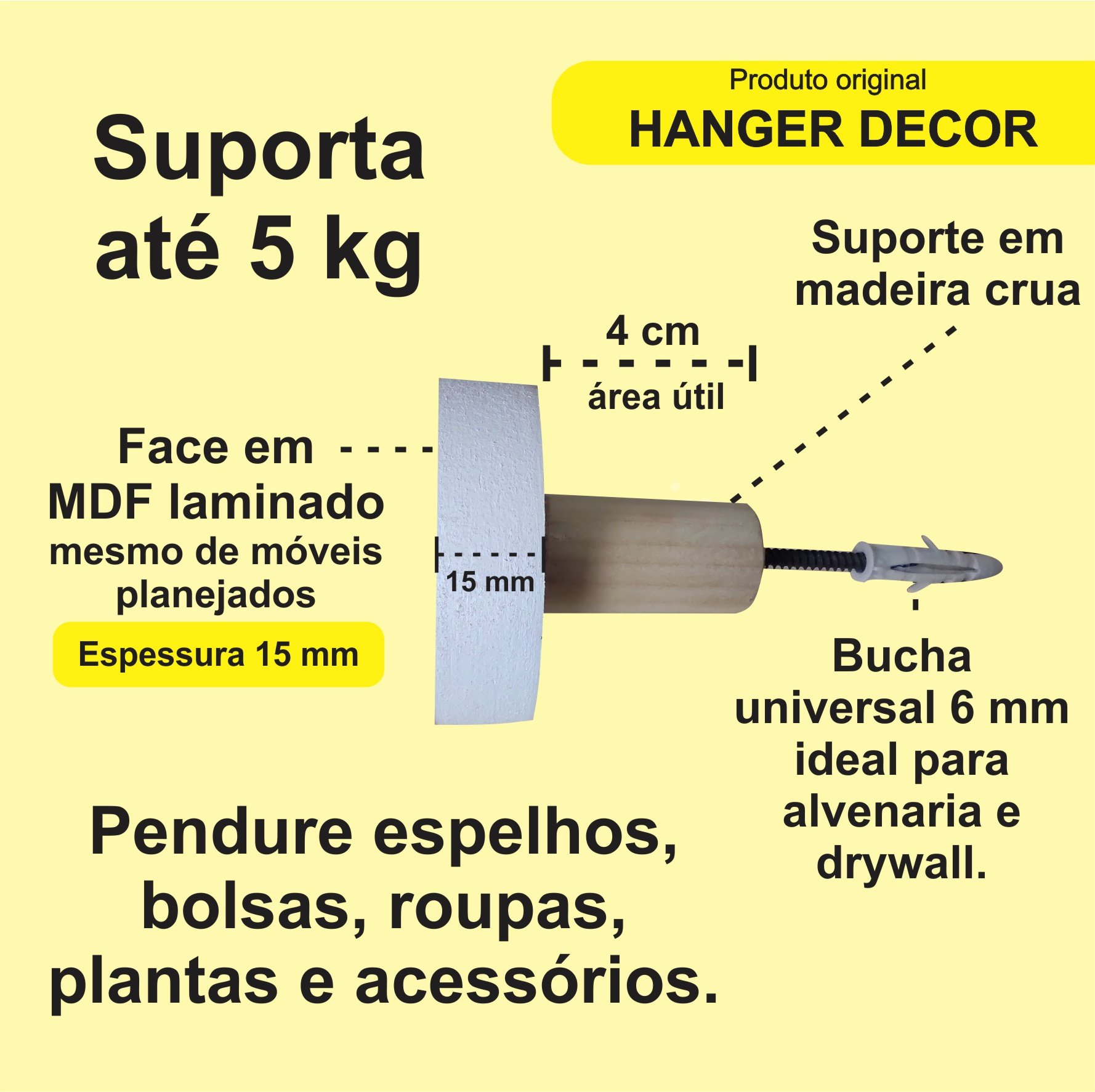 1 Gancho Pendurador de Parede MDF 15mm Bola:Preto - 4