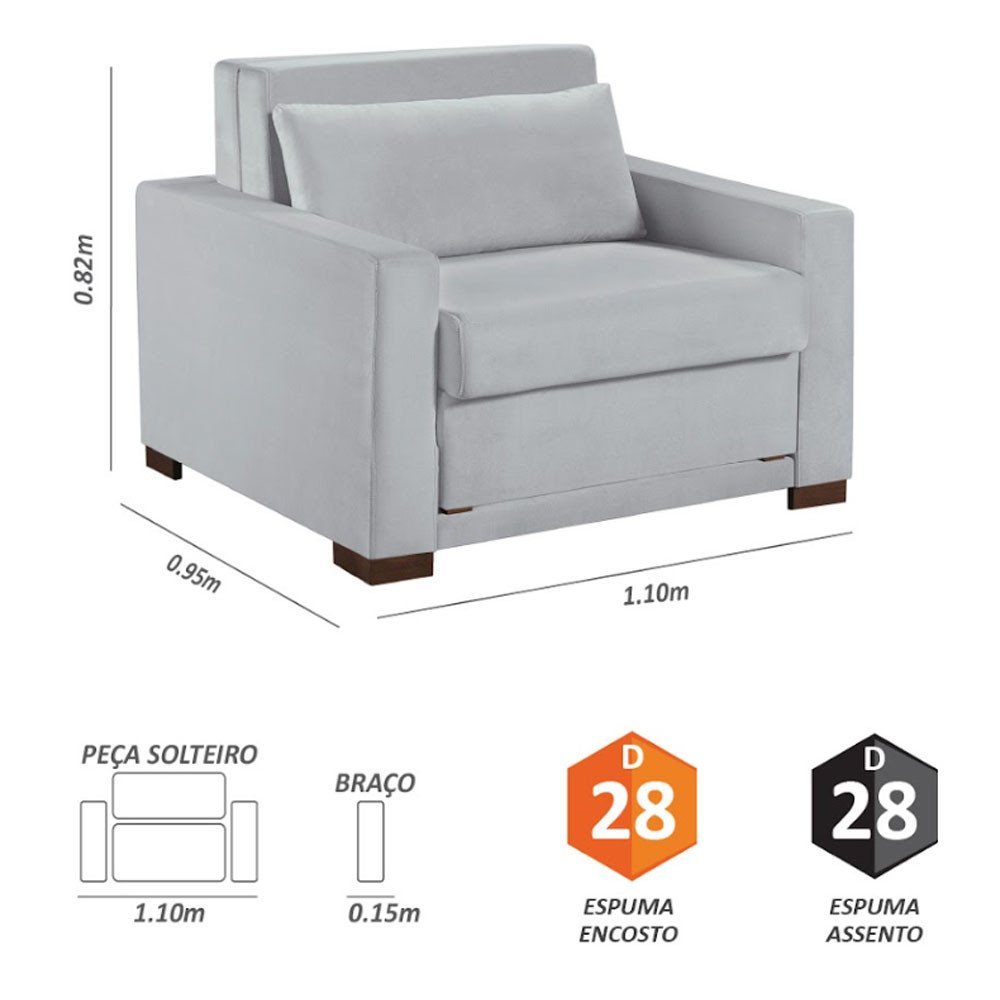 Sofa Cama Solteiro Sofia 1 Lugar 110cm com Pés de Madeira Talento Móveis - 5