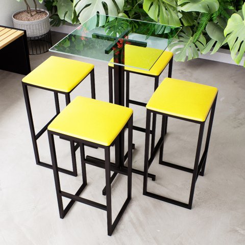 Conjunto Mesa Alta Bar Bistrô Quadrada Vidro 4 Bancos Estofado Don Castro Decor