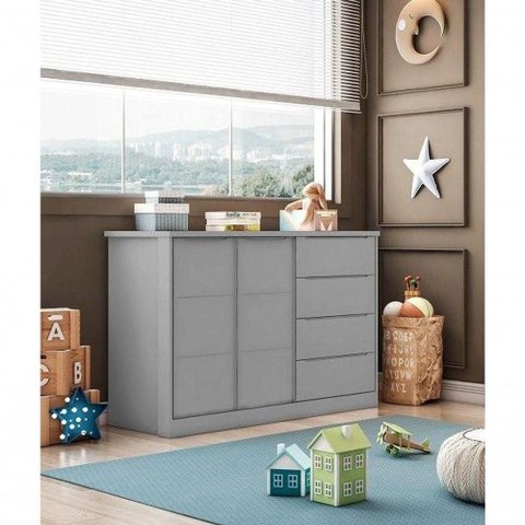 Cômoda Pérola 4 Gavetas MDF Puxador MDF Cinza Phoenix Baby 130cm