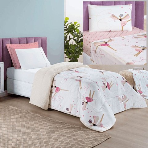 Coordenado Edredom e Lençol Diverkids Solteiro 4 Peças - Bailarina Casa Show Enxovais