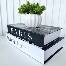 Decoração Sala Dupla Livro Fake + Vaso Cachepô Branco Decor - 2