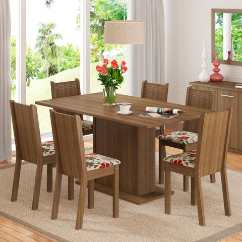 Conjunto Sala de Jantar Madesa Megan Mesa Tampo de Madeira com 6 Cadeiras Rustic/Floral Hibiscos Cor