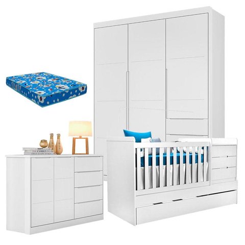 Quarto de Bebê Blenda com Berço Multifuncional Cleo Branco Acetinado e Colchão – Phoenix