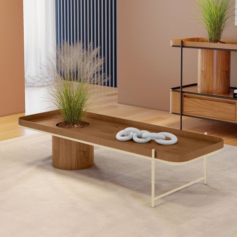 Mesa de Centro Cachepot em Madeira Maciça Imbuia Mel Estrutura Metálica Champagne