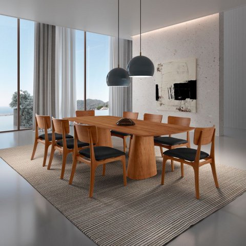 Sala de Jantar Mesa Noronha 220cm Tampo Laminado Barril e 8 Cadeiras Viena Gold