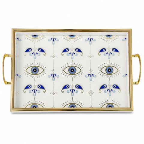 Bandeja Decorativa Branca com Olho Grego Azul e Detalhes Dourados 30x45cm