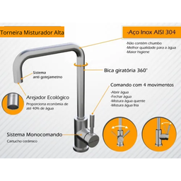 Torneira Inox Cozinha Bica Móvel Alta Misturador Monocomando - 8