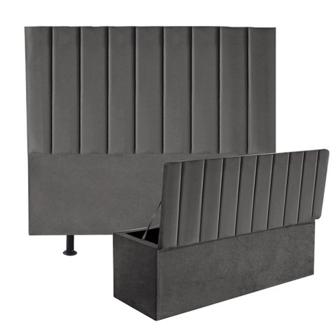 Kit Cabeceira e Calçadeira Baú Casal 140cm Carla Suede Cinza Escuro - D A DECOR