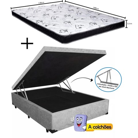 Cama Baú Casal Cinza Suede + Colchão Espuma D20 138x188x16