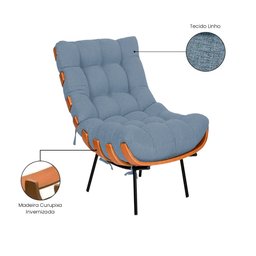 Poltrona e Puff Costela Base Metálica Fixa no Linho - Belliv Decor:azul - 4