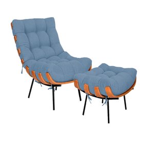 Poltrona e Puff Costela Base Metálica Fixa no Linho - Belliv Decor:azul