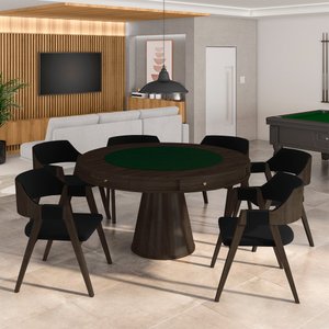 Conjunto Mesa de Jogos Carteado Bellagio Tampo Reversível e 6 Cadeiras Madeira Poker Base Cone Velud
