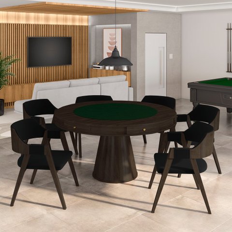 Conjunto Mesa de Jogos Carteado Bellagio Tampo Reversível e 6 Cadeiras Madeira Poker Base Cone Velud