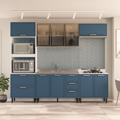 Cozinha Amara Armários Aéreos Porta Vidro Torre Quente Balcões 3 Gavetas Branco/Azul 250785