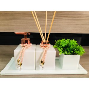 Kit Lavabo Luxo Rose Gold Branco Vasinho Plantinha Vidro Bandeja Sabonete Difusor