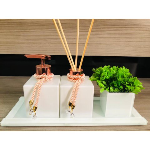 Kit Lavabo Luxo Rose Gold Branco Vasinho Plantinha Vidro Bandeja Sabonete Difusor