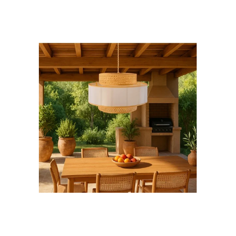 Pendente Arpoador Bambu Natural e Acrilico Leitoso Apfn/c-005 D50xa30cm 1xe27 Glooria
