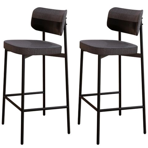 Kit 02 Banquetas Alta Bar Cozinha Sala de Jantar Aço Preto Kaira C01 Linho Preto Courino Preto -