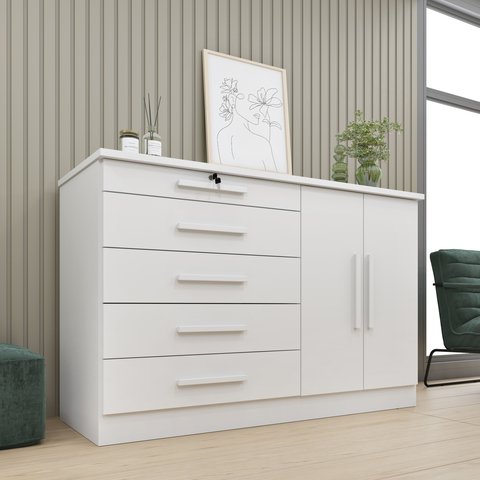 Cômoda 5 Gavetas 2 Portas 136cm Istambul Branco/Neve