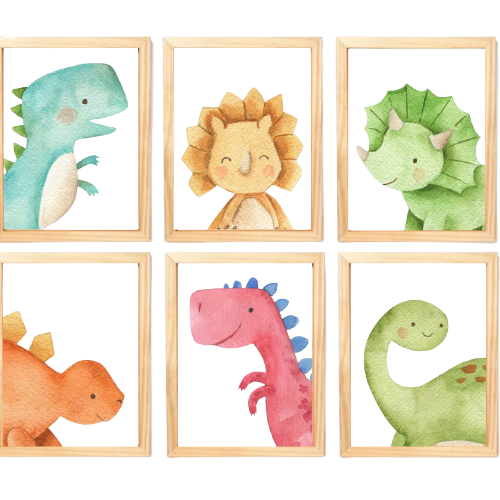 Quadro Infantil Dinossauro 6 un A4 vidro e pendurador