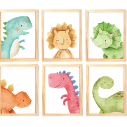 Quadro Infantil Dinossauro 6 un A4 vidro e pendurador - 1