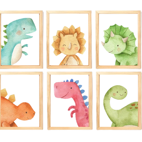 Quadro Infantil Dinossauro 6 un A4 vidro e pendurador