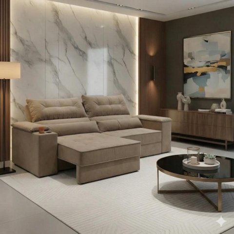 Sofá com Chaise Manhattan 3 Lugares Retrátil e Reclinável 210cm Bege Cia Lar