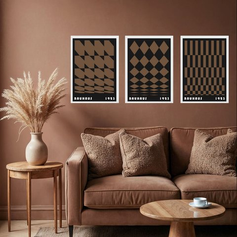 Kit 3 Quadros Artes Geométricas Bauhaus Preto e Marrom 24x18cm - com Vidro:moldura Preta