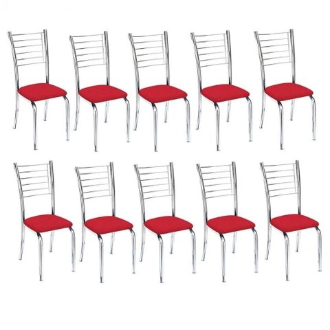 Kit 10 Cadeiras de Jantar Lara Cromada para Cozinha Assento Sintético Vermelho - Aurora Line