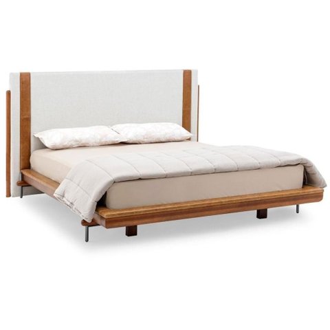 Cama de Casal Mh-6016 Herval Estofado Casal Colchão 193 Cm Madeira Maciça Off White Detalhe Marrom