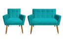 Ver imagem 1 de Kit Namoradeira + 1 Poltrona Decorativa Onix Suede Azul Tifany Pés Madeira Ms Decor