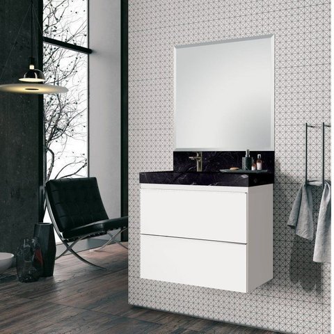 Conjunto para Banheiro com Espelho, Gabinete e Lavatório em Porcelanato com Cuba Embutida 80cm Yesca