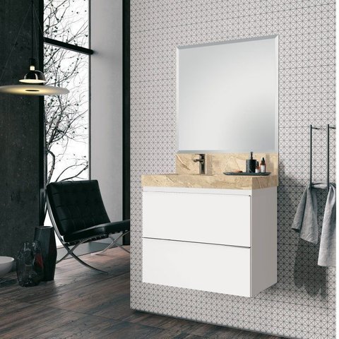 Conjunto para Banheiro com Espelho, Gabinete e Lavatório em Porcelanato com Cuba Embutida 80cm Yesca