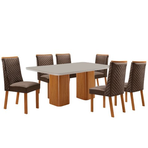 Mesa de Jantar Eloise 180cm Tampo MDF Vidro Canto Copo com 6 Cadeiras Yasmin