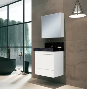 Conjunto Banheiro com Espelheira, Gabinete, Lavatório em Porcelanato com Cuba Esculpida 60cm 