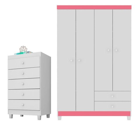 Guarda Roupa Infantil 4 Portas Cômoda 5 Gav Branco Rosa