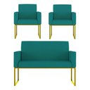 Ver imagem 1 de Kit Sofá 2 Lugares + 2 Poltronas Recepção Sala Base Dourada Cor:azul Turquesa Azul Turquesa