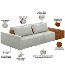 Sofá Ilha Modular para Sala 252cm com Puff Dublin K01 Linho Cinza Sintético Caramelo - Lyam Decor - 4