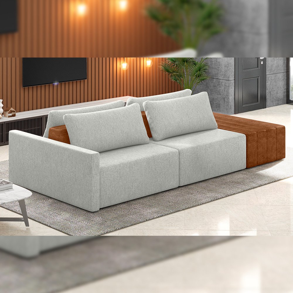 Sofá Ilha Modular para Sala 252cm com Puff Dublin K01 Linho Cinza