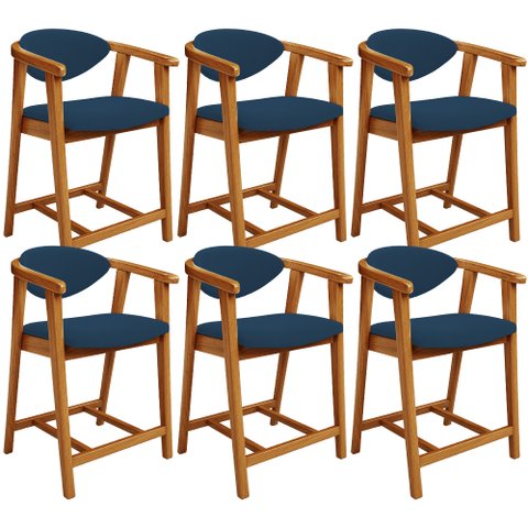 Kit 06 Banquetas Baixa para Cozinha Sala Jantar Bancada Cecília L02 Suede Azul Marinho - Lyam Decor